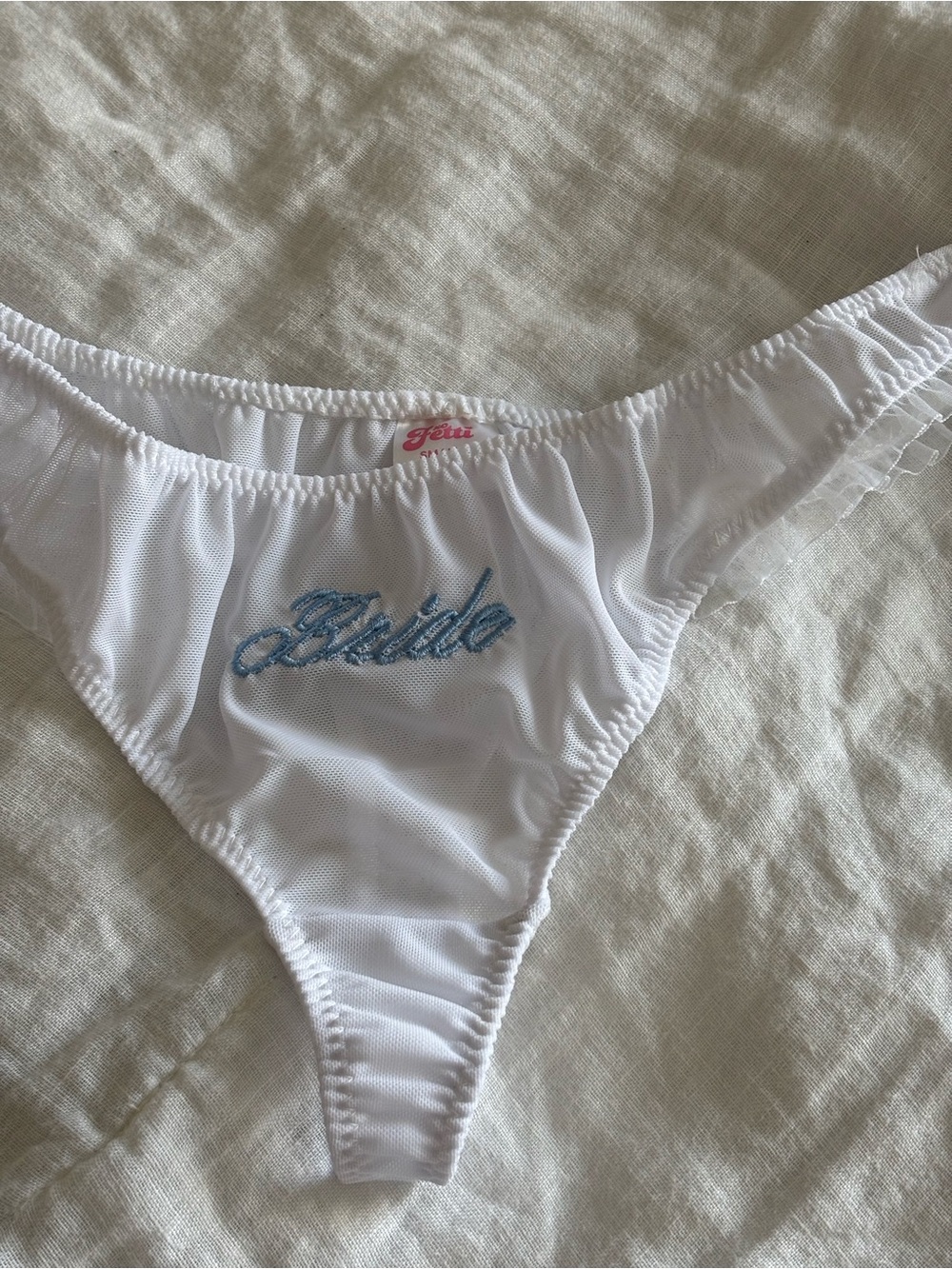 White Thong with Blue "Bride" Embroidery — NEVER BEEN WORN